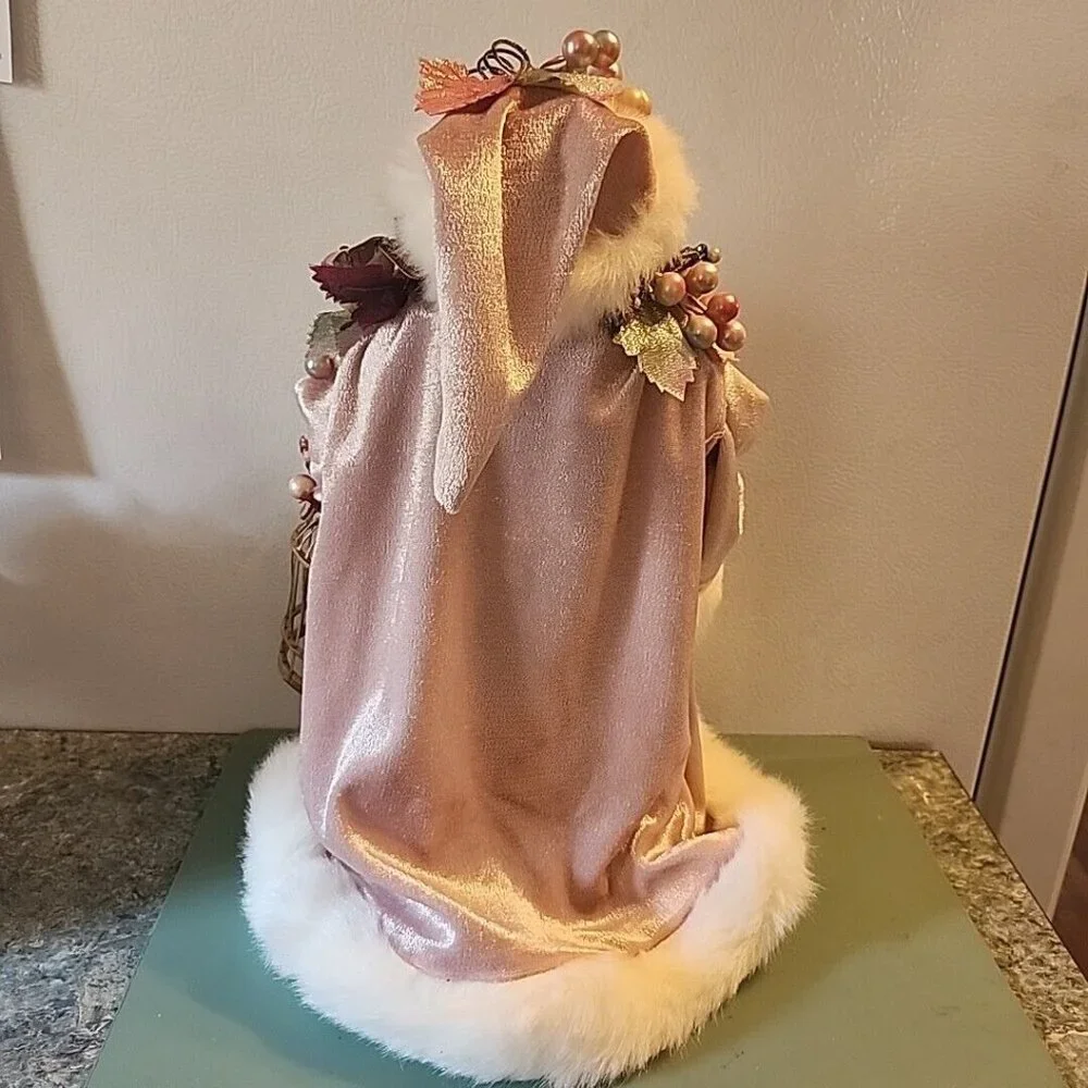Pink Velvet Santa 13.5” Tree Topper with Birds and Birdcage Fur Floral Vintage